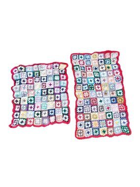 Handmade Crochet Granny Square Afghan Throw Lap Blanket Pair Multicolor